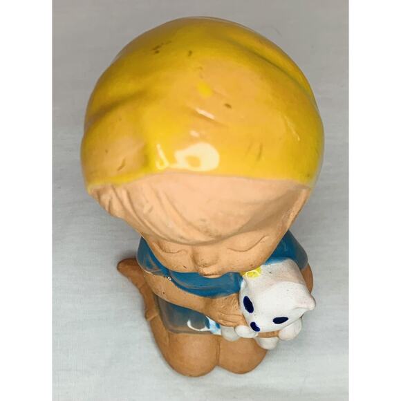 Uctci Japan Figurine Girl Pottery Red Clay 5" Vintage 1960s MCM Blue Dress Cat - Picture 6 of 11